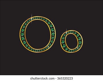 Oo in stunning emerald precious round jewels set into a 2-level gold gradient channel setting, isolated on black. Vector EPS-10 file, transparency used. 