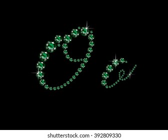 Oo in stunning Emerald Script precious round jewels, isolated on black. Vector EPS-10 file, transparency used. 
