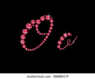 Oo in stunning Ruby Script precious round jewels, isolated on black. Vector EPS-10 file, transparency used. 