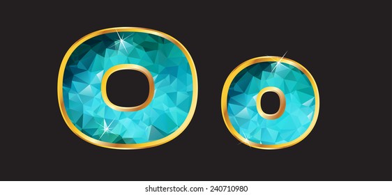 Oo in this series of letters made from 2 channels of gradient gold and a multi-layered teal aquamarine sparkling faceted interior. Vector EPS-10 file, transparency used. 