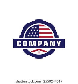 oof logo design, house roof logo, roof emblem logo, rofing, emblem, american flag