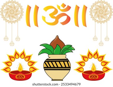Texto hindi Oom con gráficos Diwali, con Kalash, olla de coco, Rangoli, guirnalda colgante y Diya, diseño festivo perfecto para celebrar el festival de luces y mejorar su decoración