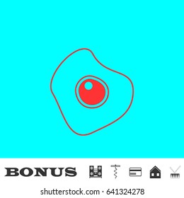 Oomelette icon flat. Red pictogram on blue background. Vector illustration symbol and bonus buttons Music center, corkscrew, credit card, house, drum