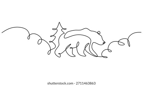Oone line illustration features a walking bear, a doodle style character representing alaska wildlife. Simple hand drawn line art of a wild carnivore.