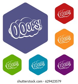 OOOPS, comic book explosion icons set hexagon isolated vector illustration