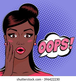 Ooops Sign. Surprised Or Confused African American Woman Face In Pop Art Comics Style With OOPS Word Bubble.