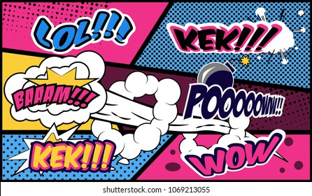 OOOPs, wow, lol, kek Boost! wording in comic speech bubble in pop art style on burst half tone background. Great promo concept. 