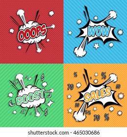 OOOPs, wow, sales, Boost! wording in comic speech bubble in pop art style on burst half tone background. Great promo concept. 