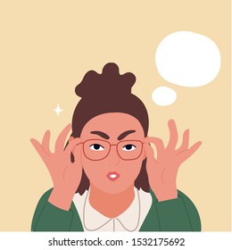 Oop! Something went wrong! Businesswoman lifting glasses frame. Flat cartoon vector illustration. Hand drawn style vector design illustrations.