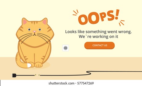 Oops 404 error page with funny cat. Vector template