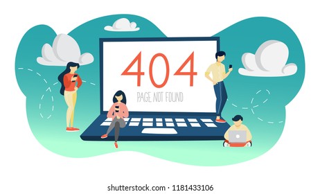 Oops 404 error page not found concept. Flat vector illustration of internet connection problem with people stting on a giant laptop computer. Flat vector illustration