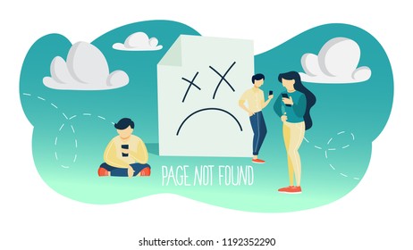 Oops 404 error page not found concept. Flat vector illustration of internet connection problem with little people and blank paper sheet. Flat vector illustration