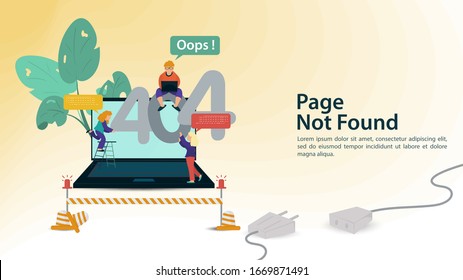 Oops, 404, error, page not found Internet connection problems, small people trying to reconnect laptop, repair area, for websites and mobile apps, Flat vector illustration