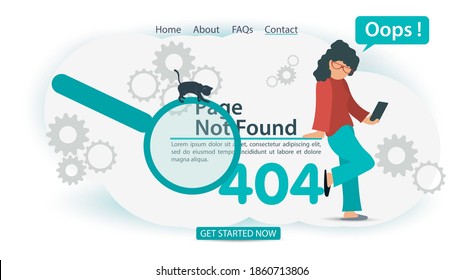 oops 404 error, page not found, banner Internet connection problems, girl with phone cant connect, for websites and mobile apps, Flat vector illustration