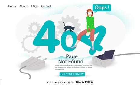 oops, 404 error, page not found, banner Internet connection problems, girl sitting in numbers, for websites and mobile apps, Flat vector illustration