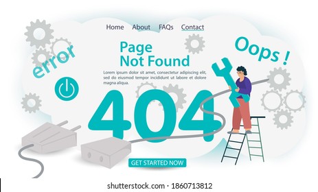 oops 404 error, page not found, banner Internet connection problems, man with a ladder repair tool, for websites and mobile apps, Flat vector illustration