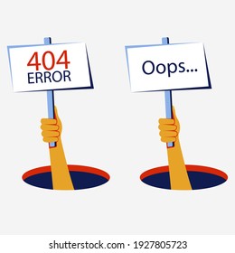 Oops ... 404 error website template. Human hand shows from hole a message about 404 Error. Page not found message. Vector illustration for web and UI design in flat style.