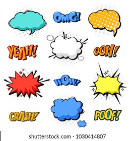 Oops and boom, bang and boom comic bubble speeches. Excuse replica and cloud of dust, explosion sound effect. Isolated comix messages and popped expressions, humour dialog theme