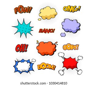 Oops and boom, bang and boom comic bubble speeches. Excuse replica and cloud of dust, explosion sound effect. Isolated comix messages and popped expressions, humour dialog theme