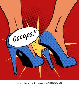 oops broke the heel the woman a nasty surprise. pop art comics retro style Halftone. Imitation of old illustrations. Bubble for text oops