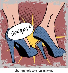 oops broke the heel the woman a nasty surprise. pop art comics retro style Halftone. Imitation of old illustrations. Bubble for text oops. the effect of old paper antique