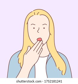Oops. A close-up portrait of a young, cute, very happy, funky manager with eyes wide open holding his hands near his mouth. Hand drawn style vector design illustrations.