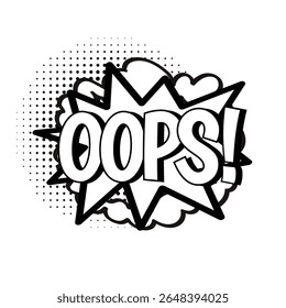 OPA! Vetor de explosão cômico com texto oops no estilo vintage pop art. Bolha de fala monocromática, perfeita para expressões cômicas e explosões cômicas em design. Bolhas de fala em quadrinhos com pontos de meio-tom