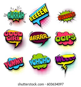 Oops, discount. Comics book set balloon. Bubble icon collection speech phrase. Cartoon exclusive font label tag expression. Comic text sound effects. Sounds vector comic illustration halftone dot back