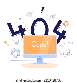 Oops! Error 404 on the computer monitor. The website page is missing or not found. Flat vector illustration