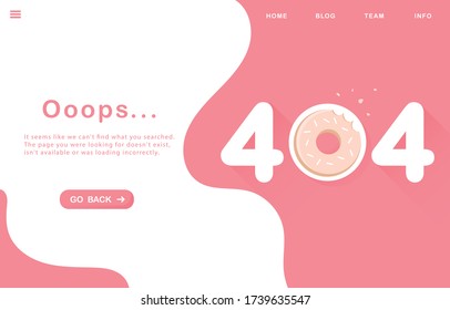 Oops Error 404, page not found. Go back banner. System error, broken page. Bitten Donut, food. Page with design elements. For website. Problem Report. Pink. Vector. Eps 10 