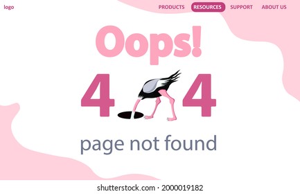 Oops! Error 404, page not found. Ostrich head in a hole. Broken page system error. Website design.