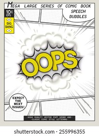 Oops. Explosion in comic style with lettering and realistic puffs smoke. 3D pop art speech bubble. Vector graphics CMYK