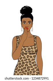 Oops female face. Surprised African woman with open mouth isolated on the white background. Vector illustration. 