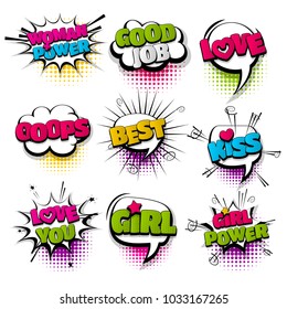 oops, girl power love Set hand drawn pictures effects template comics speech bubble halftone dot background pop art style. Comic dialog cloud, text pop-art. Creative idea conversation sketch explosion