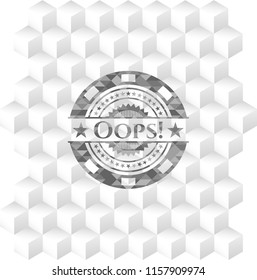 Oops! grey emblem. Vintage with geometric cube white background