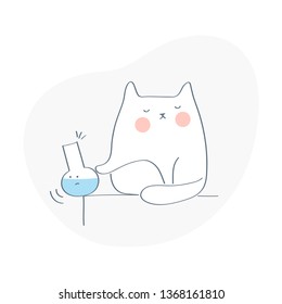 Oops Icon, The Cat Accidentally Drops Chemical Glass Flask From The Table. 404 Error Page Icon Concept On White. Accidental Unintended Event. Flat Outline Vector Illustration.