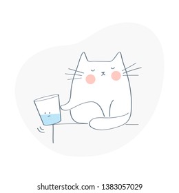 Oops Icon, The Cat Accidentally Drops Glass Of Water From The Table. 404 Error, Not Found Page Icon Concept On White. Accidental Unintended Event. Flat Outline Vector Illustration.