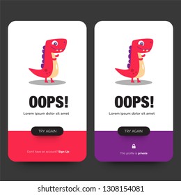 Oops Interface Design with Cute Dinosaur Vector Cartoon