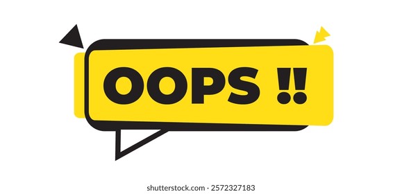 Oops !! logotype graphic. Trendy minimal design featuring the word "Oops" within a speech bubble symbol on a vibrant yellow background. 