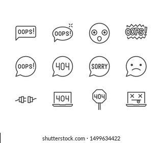 Oops Message Flat Line Icons Set. 404 Error, Mistake Speach Bubble, Page Not Found Concept Vector Illustrations. Outline Signs For Something Went Wrong. Pixel Perfect. Editable Strokes.