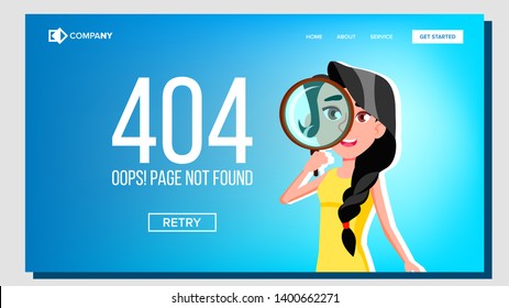 Oops Page Not Found 404 Error Landing Page Vector. Character Female Looking Through Magnifying Glass Creative Design Concept Of Failure Website Or Web Page. Flat Cartoon Illustration