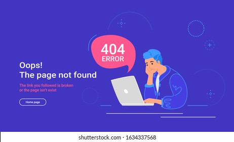 Oops! The page not found 404 error. Flat vector illustration of upset teenage man sitting at work desk with laptop. Speech bubble 404 error and guy using notebook having problems with broken web page