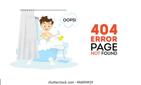 Oops, page not found concept. Funny cartoon man in the bathroom washing in the bath tub. 404 error.
