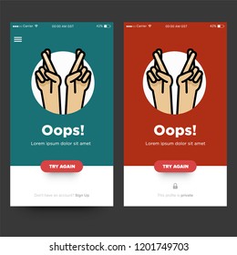 Oops Page UX Design With Fingers Crossed Vector Illustration for Smart Mobile Phone