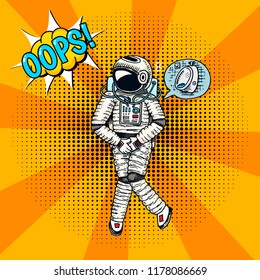 Oops pop art astronaut soaring. Spaceman cosmonaut superhero explore adventure. engraved hand drawn in old sketch. colorful background retro comic style. Astronomical galaxy space.