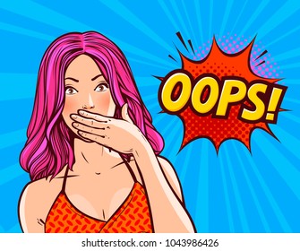 Oops, pop art retro comic style. Beautiful girl or young woman. Cartoon vector illustration