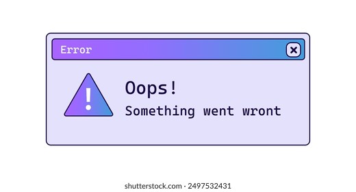 Oops retro error message in purple color with gradient. System crash notification window.