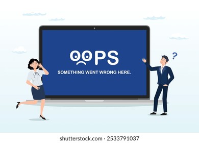 OOPS - ALGO DEU ERRADO AQUI., interrupção do computador, erro ou falha, falha do sistema operacional ou ataque cibernético, conceito de problema técnico, vítimas de pessoas que observam interrupção do notebook do computador