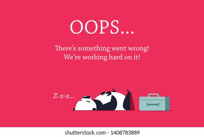 Oops. Something went wrong. Repairer panda sleeping on the floor. Repair box standing close to it. Error page design template.
