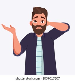 oops, sorry, I do not know, question, doubt. Man shrugs his shoulder and spreads his hands. Vector illustration in cartoon style. millennials. character illustration